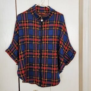 Vibrant Plaid Button-Down Sweater/Poncho in Blue and Red